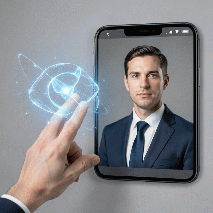 Ilustrasi konseptual penggunaan alat AI untuk mengubah selfie biasa menjadi foto profesional berstandar korporat.