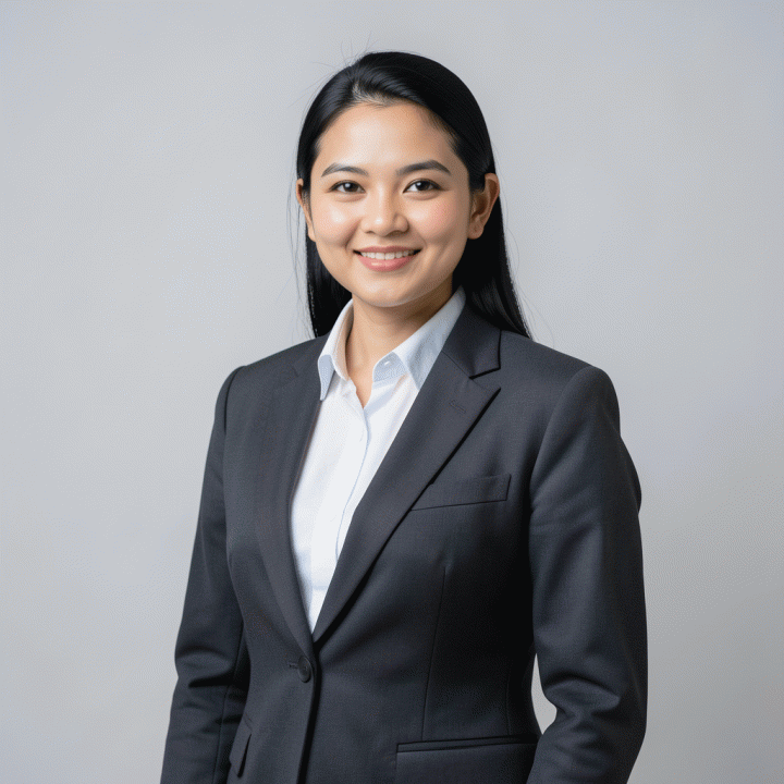 Foto profil profesional bergaya studio di latar belakang abu-abu netral, menampilkan seorang profesional muda Indonesia berpenampilan rapi dan percaya diri.