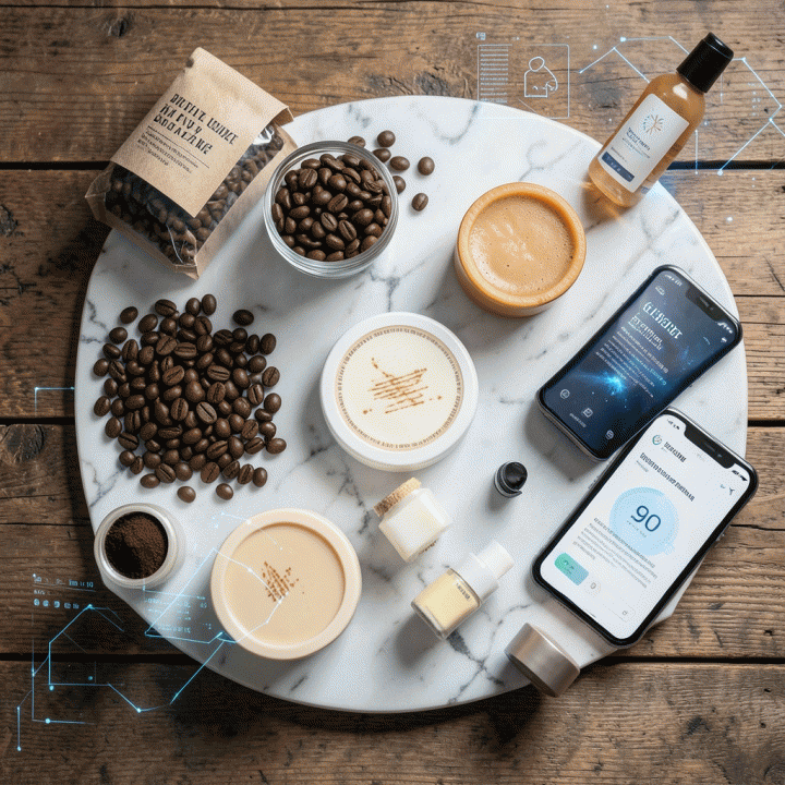 Tampilan datar (flat lay) produk-produk e-commerce berkualitas tinggi yang disusun artistik, menunjukkan potensi pemasaran visual yang ditingkatkan secara digital.