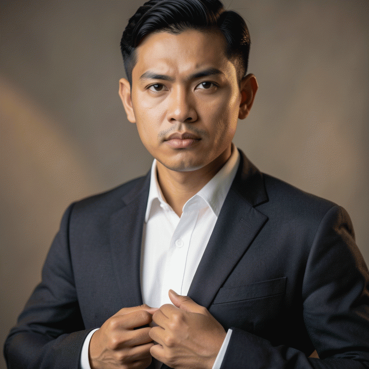 Close-up profesional seorang individu Indonesia mengenakan blazer formal, fokus pada kualitas dan detail potret.