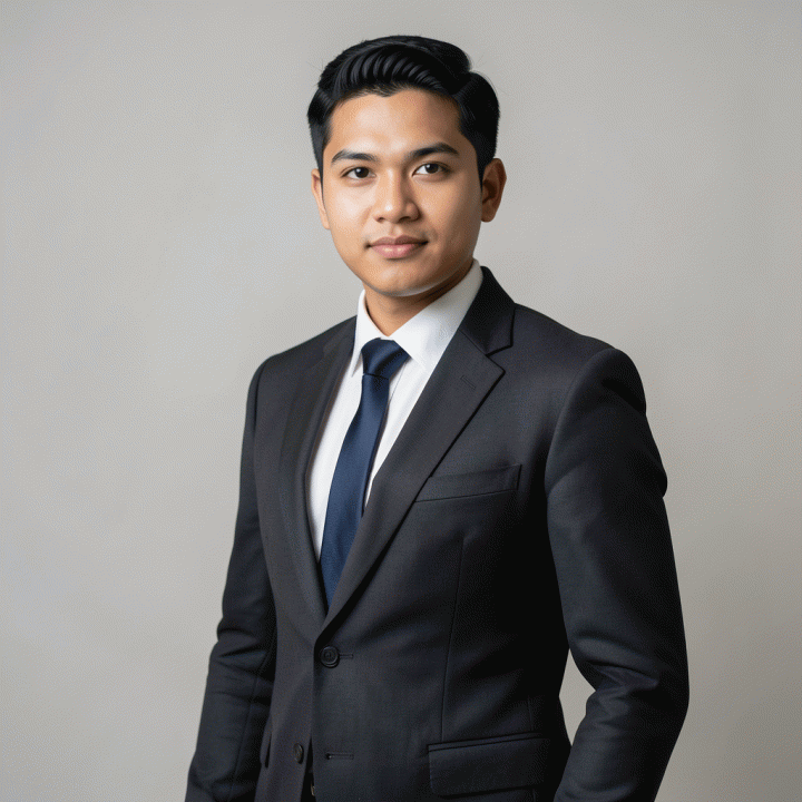 Foto profil profesional seorang anak muda Indonesia berbusana formal di depan latar belakang solid yang netral, menggambarkan kepercayaan diri dan kesiapan kerja.
