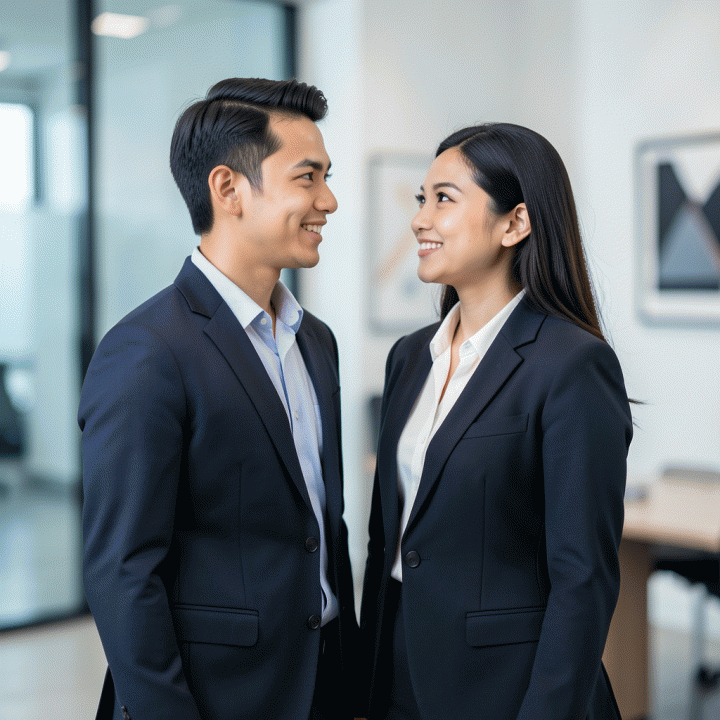 Pasangan profesional muda Indonesia dengan pakaian bisnis yang rapi dan percaya diri dalam lingkungan kantor modern, menggambarkan citra profesionalisme untuk foto profil LinkedIn.