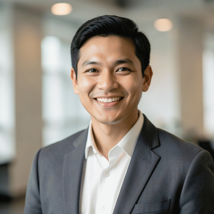 Foto profil profesional seorang profesional muda Indonesia yang percaya diri dan tersenyum, berlatar belakang kantor modern dan minimalis.
