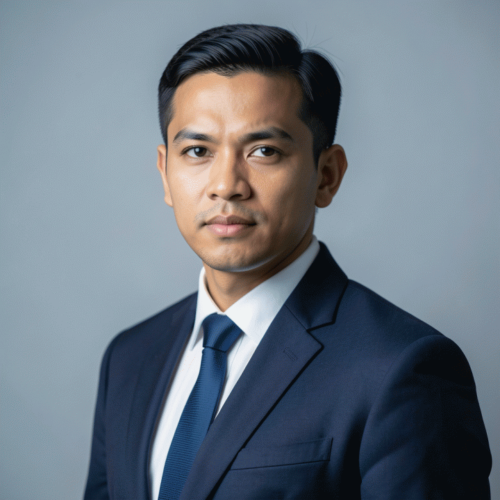 Contoh foto profil profesional bergaya korporat untuk LinkedIn, dengan latar belakang warna solid.