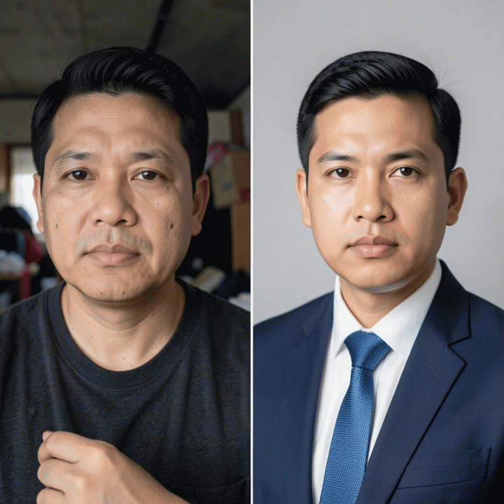Perbandingan foto profil yang biasa (selfie) dengan foto profil profesional yang disempurnakan.