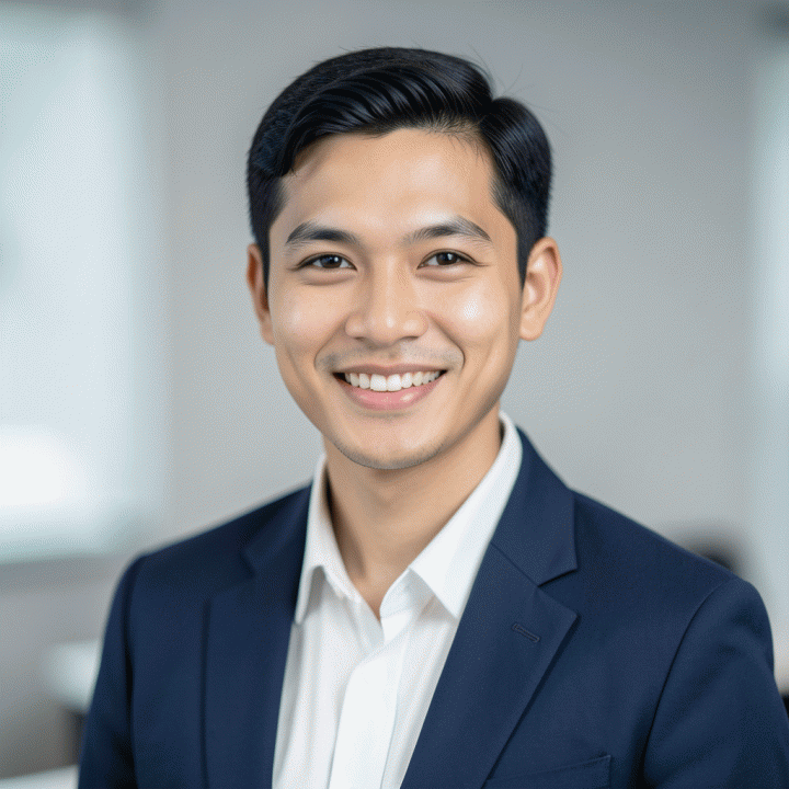 Foto profil profesional bergaya korporat dari seorang profesional Indonesia yang tampak percaya diri dan ramah, dengan latar belakang studio yang lembut.