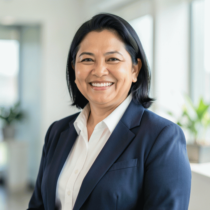 Foto profil profesional sinematik dari seorang individu Indonesia yang tersenyum percaya diri di latar belakang kantor yang lembut dan minimalis, mencerminkan standar foto LinkedIn tahun 2026.