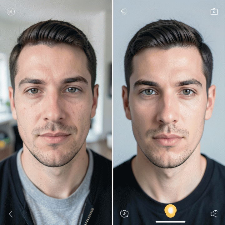Perbandingan visual antara foto profil kasual yang buruk dengan foto profil profesional berkualitas tinggi untuk LinkedIn.