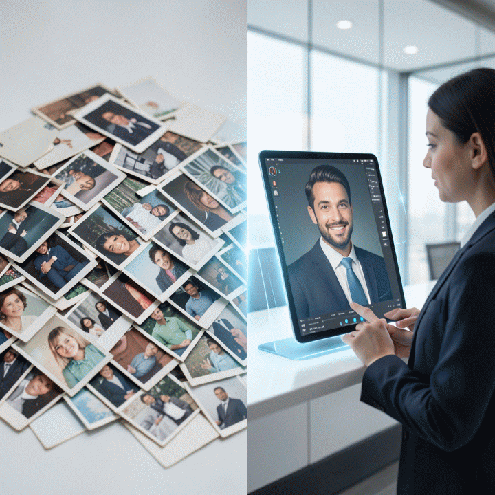 Visualisasi konseptual transformasi foto profil dari gaya lama yang berantakan menjadi gaya profesional modern menggunakan teknologi AI.