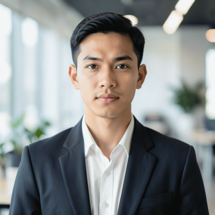 Foto profil profesional seorang profesional muda Indonesia yang terlihat percaya diri dan kompeten dengan latar belakang kantor modern yang buram.