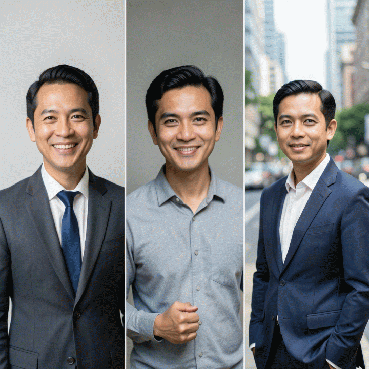 Perbandingan tiga gaya foto profil profesional: klasik korporat, modern kreatif, dan outdoor profesional, untuk membantu menentukan gaya foto LinkedIn yang tepat.