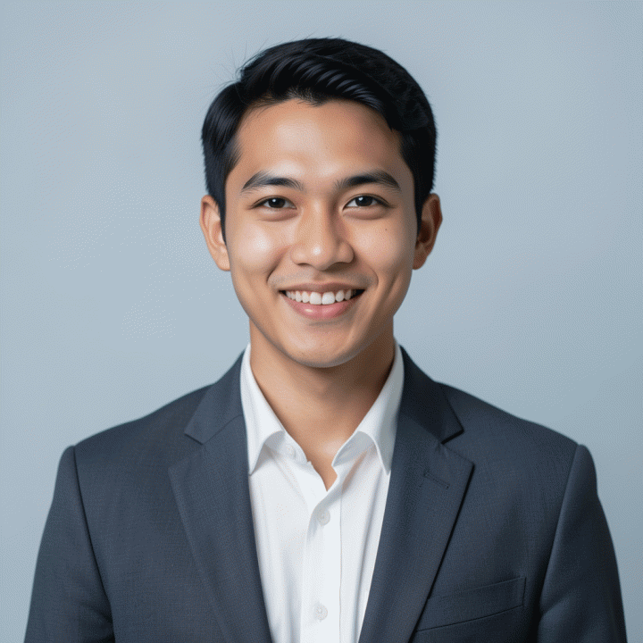 Contoh foto profil profesional untuk LinkedIn atau CV: Potret wajah close-up seorang profesional muda Indonesia dengan latar belakang polos dan pencahayaan studio yang merata.