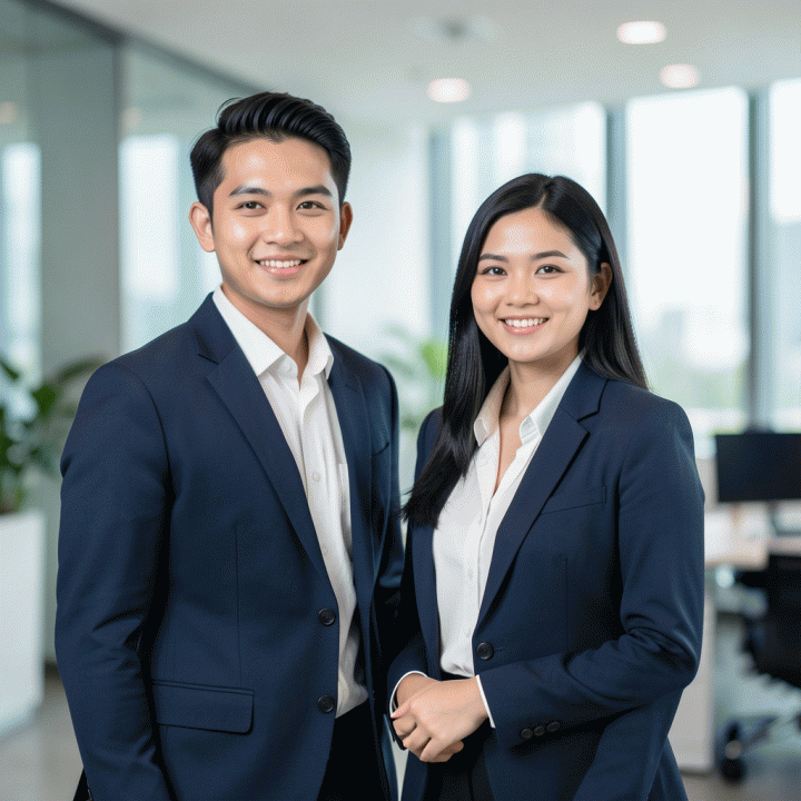Dua profesional muda Indonesia (pria dan wanita) berpose di kantor modern dengan pakaian bisnis, menampilkan kesan profesional dan percaya diri untuk foto profil LinkedIn.