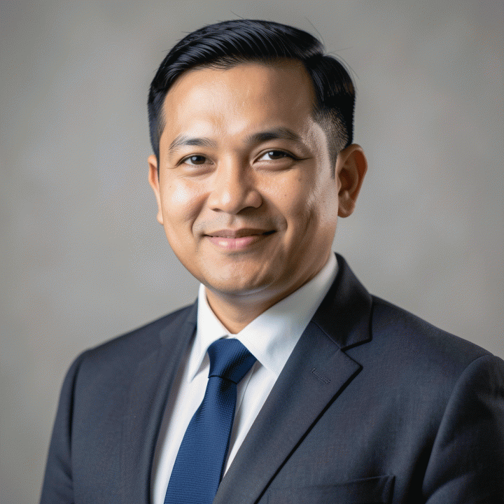 Foto profil profesional pria Indonesia dengan setelan jas, menampilkan kesan kredibel dan serius untuk CV korporat.