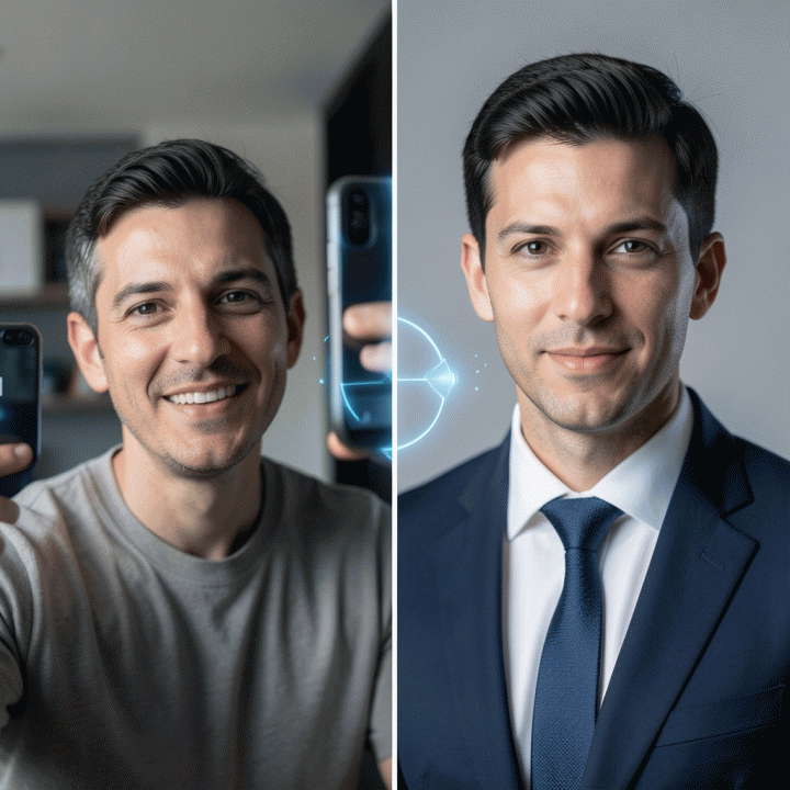 Visual perbandingan (before/after) foto selfie kasual menjadi foto profil profesional standar LinkedIn menggunakan AI.