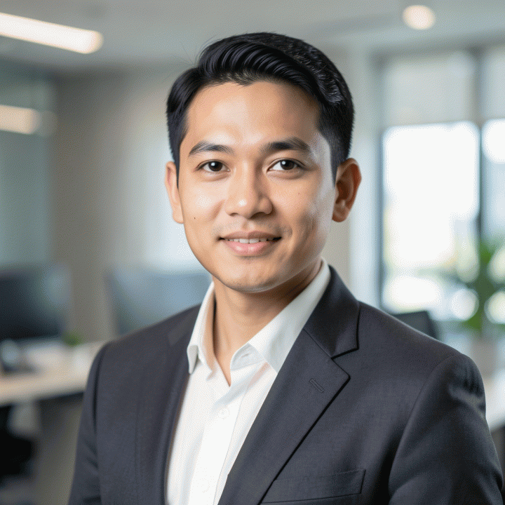 Foto profil profesional bergaya studio di lingkungan kantor modern, menampilkan seorang profesional Indonesia yang percaya diri dan berwibawa.