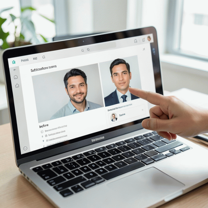 Tampilan antarmuka pengguna pada laptop yang menunjukkan transformasi foto profil dari kasual menjadi profesional melalui fitur AI, tanpa teks yang terbaca.