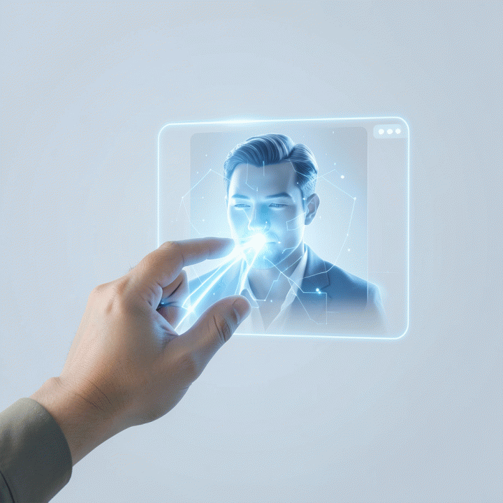 Visual abstrak tangan yang menggunakan teknologi AI untuk mengubah foto biasa menjadi foto profil profesional yang sempurna.