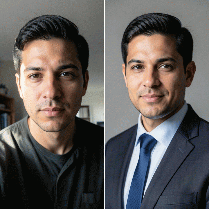 Perbandingan visual &lsquo;sebelum dan sesudah&rsquo; foto profil: sisi kiri menunjukkan selfie kasual, sisi kanan menunjukkan foto studio profesional yang sempurna.