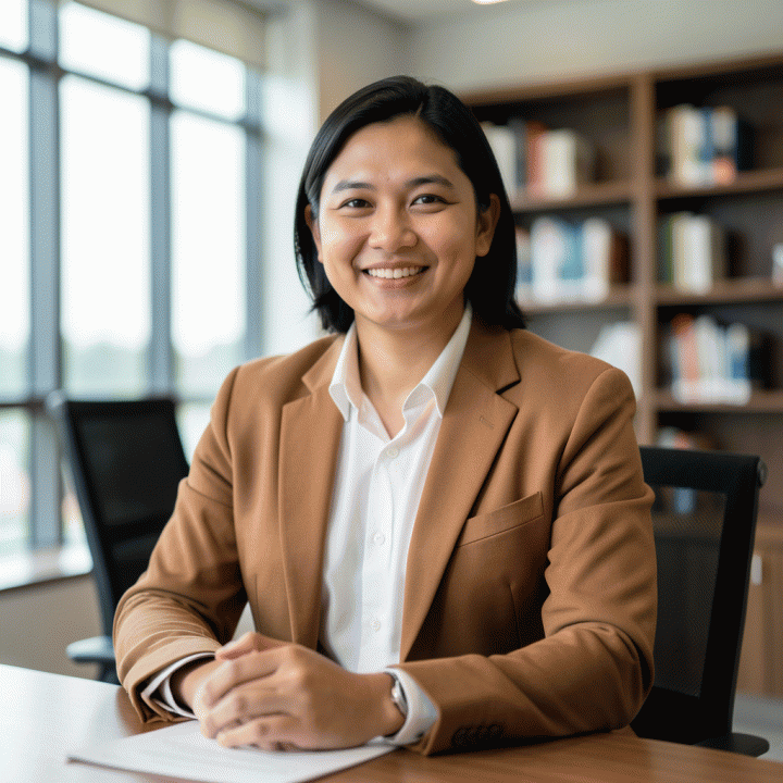 Foto profil profesional sinematik dari seorang profesional Indonesia yang percaya diri, mengenakan blazer formal, dengan latar belakang kantor yang buram dan modern.