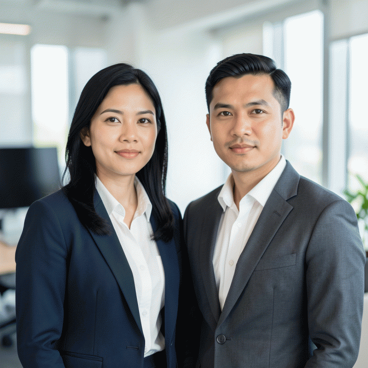 Foto profil profesional seorang pria dan wanita Indonesia yang berwibawa dengan pakaian bisnis formal, menunjukkan kesan kredibel dan profesional untuk LinkedIn.