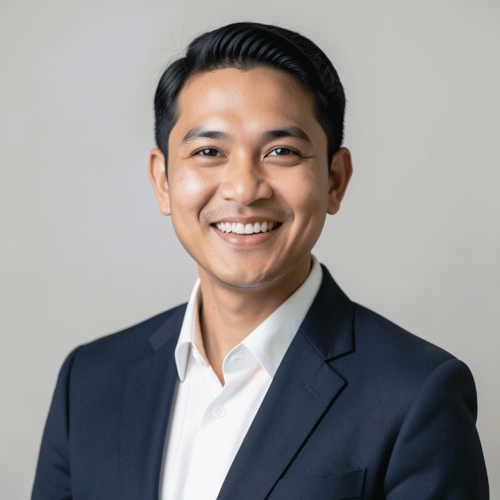 Contoh foto profil LinkedIn yang ideal: potret close-up profesional dengan senyum percaya diri dan latar belakang netral.