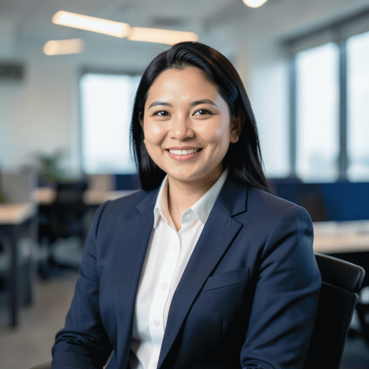 Foto profil profesional sinematik seorang pria atau wanita Indonesia yang percaya diri di lingkungan kantor modern, menunjukkan gaya profesional dan siap kerja.