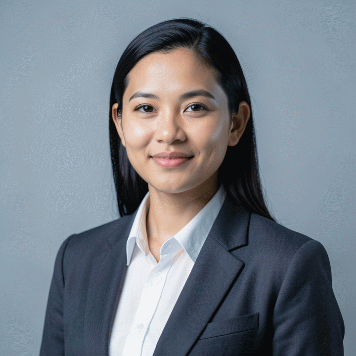 Contoh foto profil LinkedIn profesional dengan latar belakang solid dan pencahayaan studio yang fokus pada subjek.