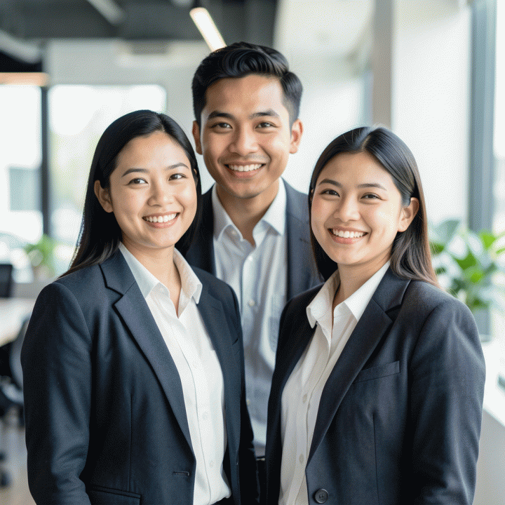 Foto profil profesional yang modern dan kredibel dari profesional muda Indonesia di lingkungan kantor yang cerah.