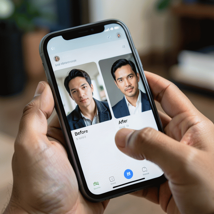 Tampilan perbandingan foto &lsquo;Sebelum&rsquo; (selfie kasual) dan &lsquo;Sesudah&rsquo; (foto profesional) di layar smartphone yang menunjukkan peningkatan kualitas foto secara drastis.