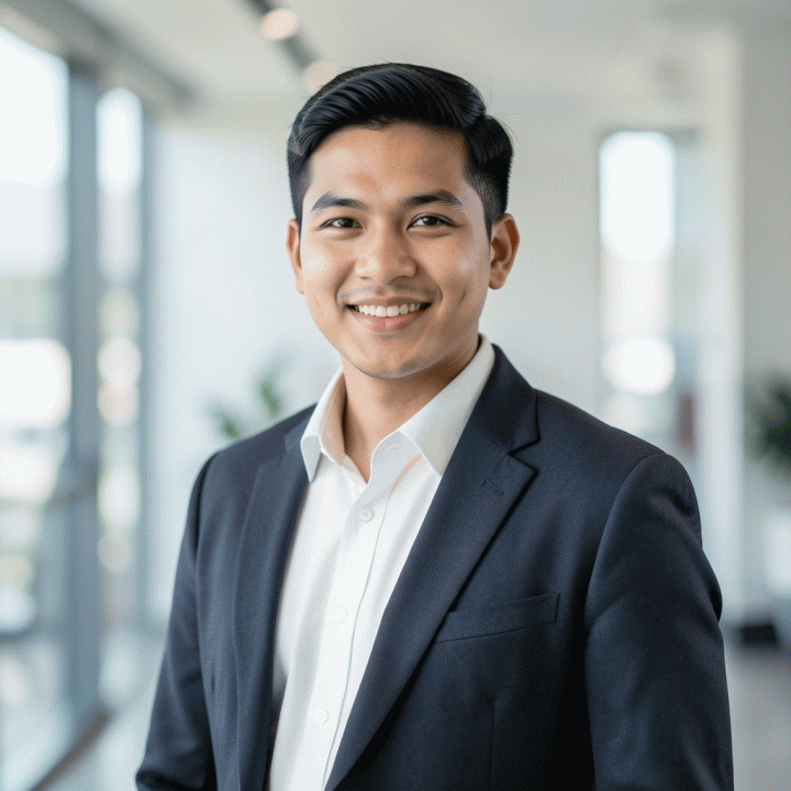 Foto profil profesional seorang profesional muda Indonesia yang percaya diri dengan pakaian bisnis formal di latar belakang kantor modern.