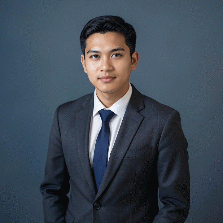 Foto profil profesional yang sangat formal dengan latar belakang korporat solid, ideal untuk CV atau dokumen resmi.