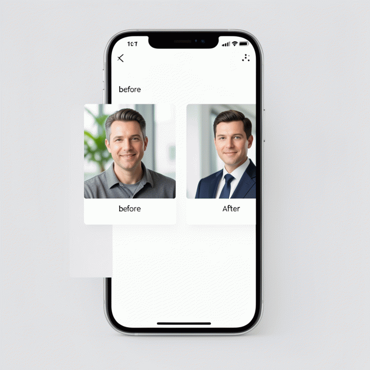 Mockup antarmuka aplikasi AI yang menunjukkan proses pengeditan foto profil dari kasual menjadi formal.