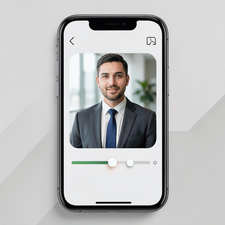 Visualisasi antarmuka AI editor foto yang sedang memproses foto selfie menjadi foto profesional.