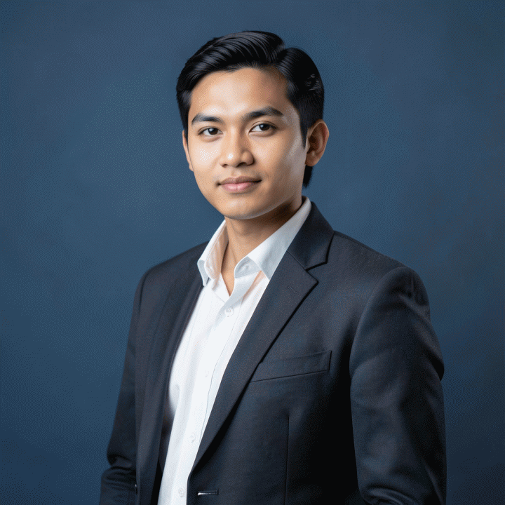 Foto potret profesional seorang profesional muda Indonesia berbusana formal di latar belakang biru solid, ideal untuk foto profil LinkedIn atau CV.