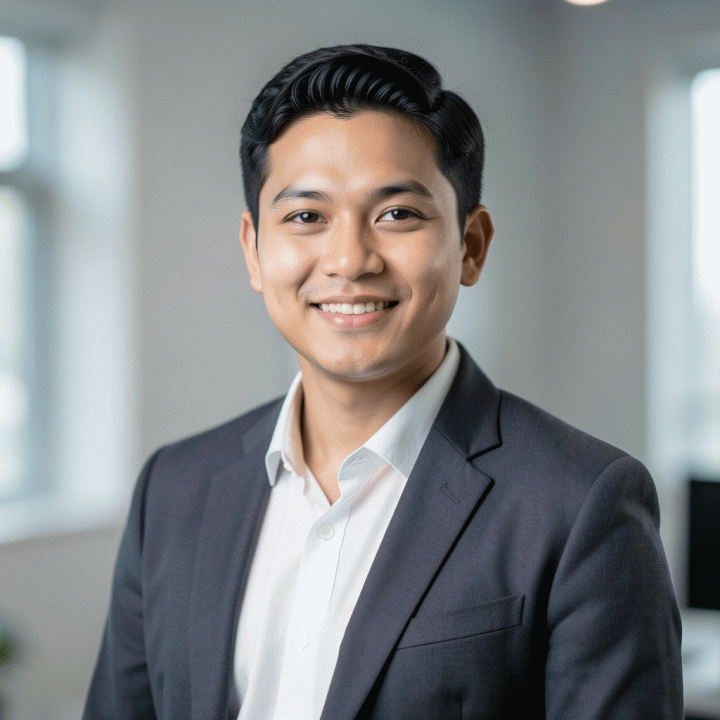 Foto profil profesional studio yang modern dan kredibel untuk seorang profesional Indonesia, siap digunakan di CV atau LinkedIn.