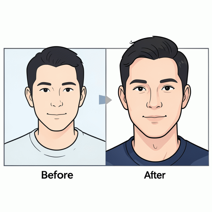 Ilustrasi perbandingan foto selfie biasa menjadi foto profesional menggunakan AI.
