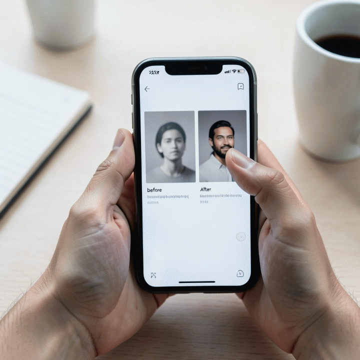 Tangan seseorang menggunakan smartphone di meja kerja modern, menunjukkan proses transformasi foto selfie menjadi foto profesional menggunakan antarmuka AI yang minimalis.