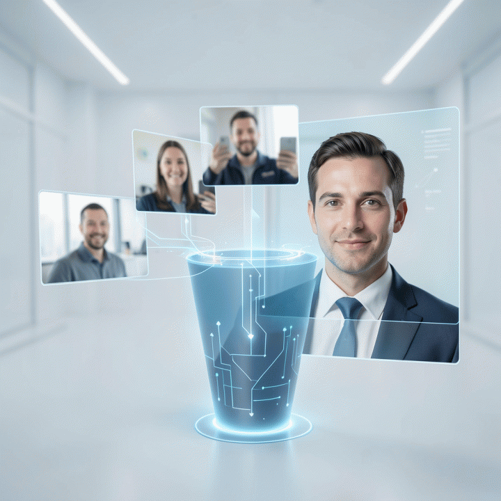 Visualisasi konsep AI yang mengubah foto selfie biasa menjadi foto profil profesional.