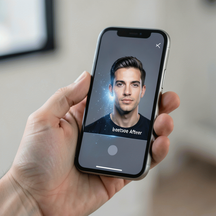 Perbandingan foto selfie biasa yang berubah menjadi foto profil profesional di layar ponsel.