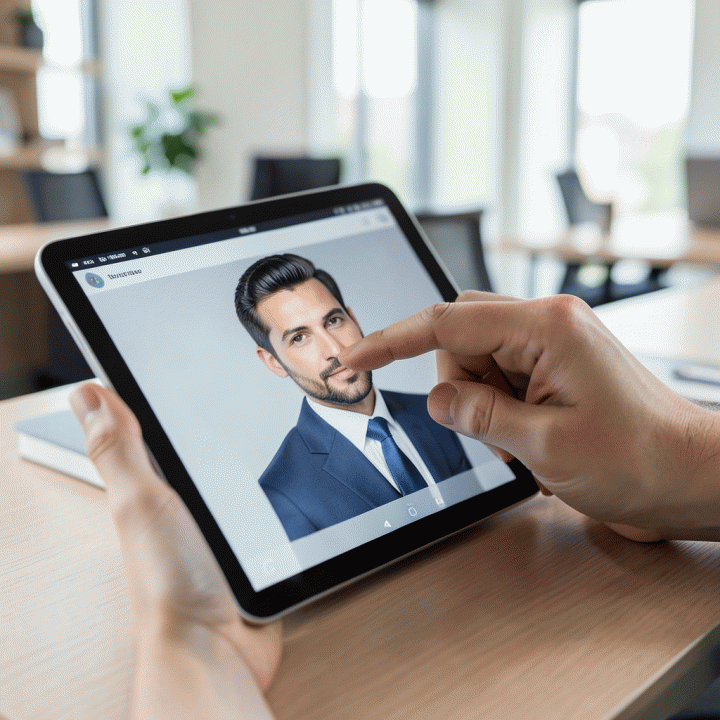 Tangan pengguna berinteraksi dengan aplikasi AI di tablet, mengubah foto selfie biasa menjadi foto profil profesional yang sempurna.