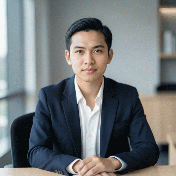 Foto profil profesional seorang profesional muda Indonesia di latar belakang kantor modern yang minimalis, menunjukkan kesan percaya diri dan siap kerja.