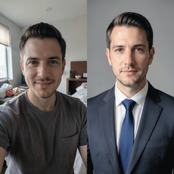 Perbandingan visual antara selfie biasa di rumah dan foto profil profesional yang diolah AI.