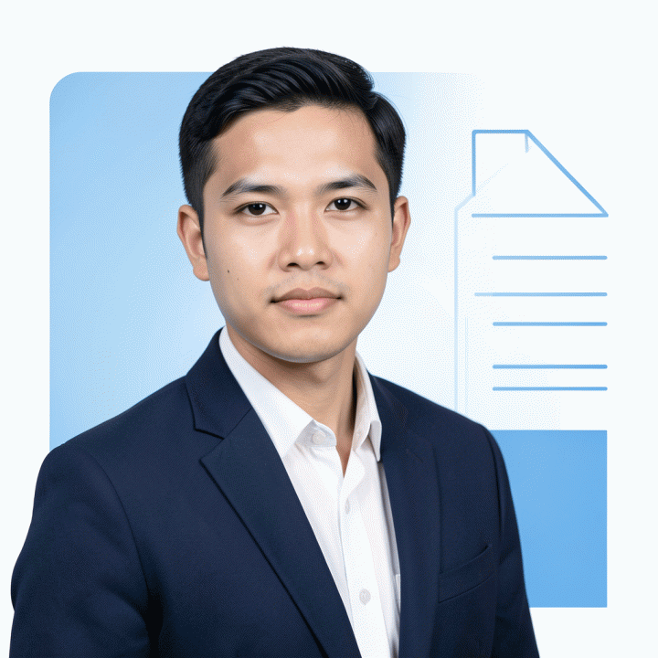 Mockup foto profil profesional siap digunakan untuk CV atau LinkedIn, dengan latar dokumen abstrak tanpa teks.