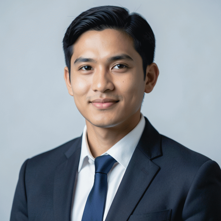 Foto profil profesional AI yang menunjukkan seorang pekerja kantoran Indonesia berpenampilan rapi dan percaya diri dengan latar belakang netral, cocok untuk CV atau LinkedIn.