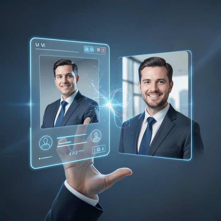 Visualisasi konseptual penggunaan AI yang mengubah foto kasual menjadi foto profil profesional formal.
