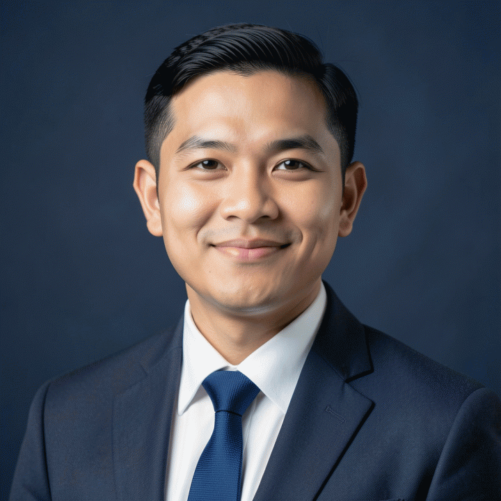 Contoh foto profil formal untuk dokumen resmi dengan latar belakang warna solid.