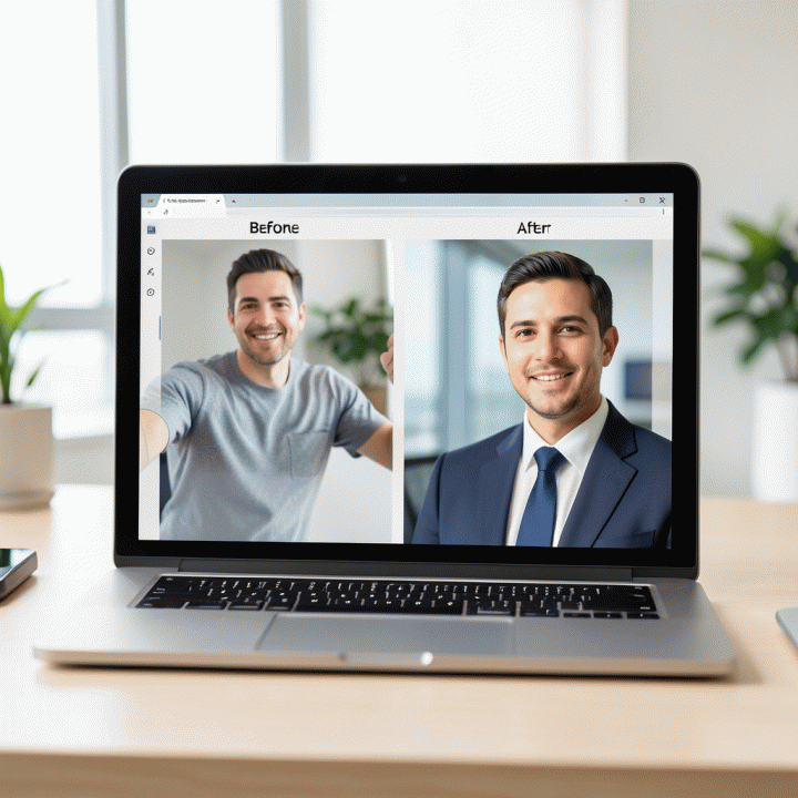 Ilustrasi perbandingan transformasi foto dari selfie biasa menjadi foto profesional menggunakan AI.