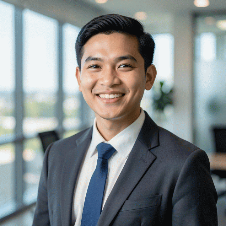Foto profil profesional sinematik seorang profesional muda Indonesia dengan pakaian bisnis di latar belakang kantor yang kabur.