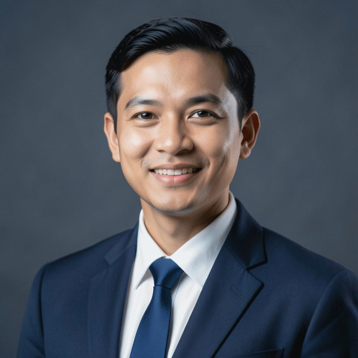 Contoh foto profil profesional dengan latar belakang warna solid untuk CV atau LinkedIn.